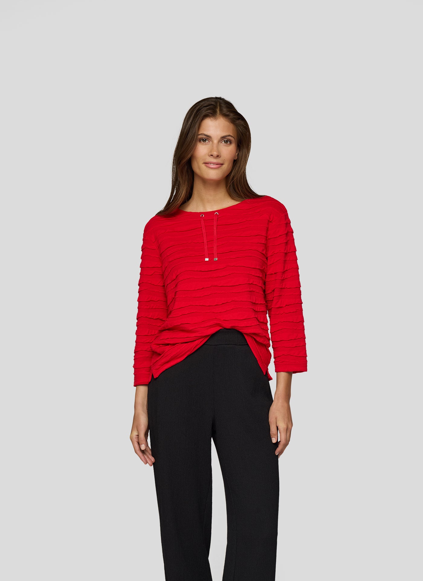 Red Textured Round Neck Top with Draw String