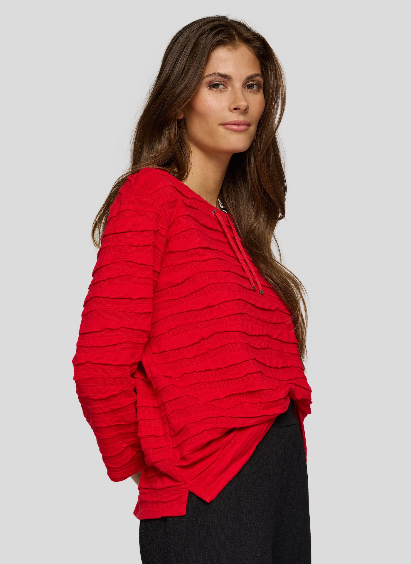 Red Textured Round Neck Top with Draw String