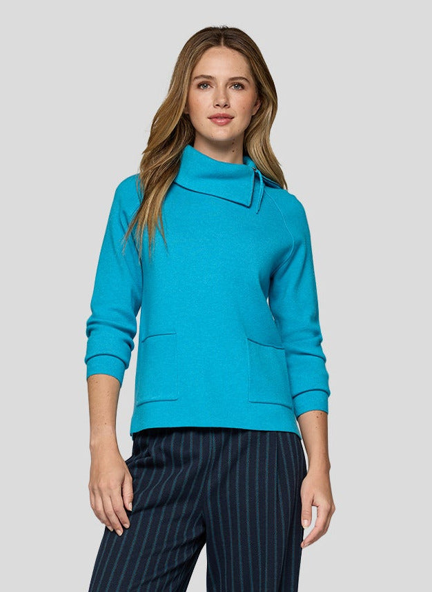 Teal Jumper With Cowl Neck With Faux Pocket