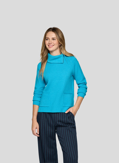Teal Jumper With Cowl Neck With Faux Pocket
