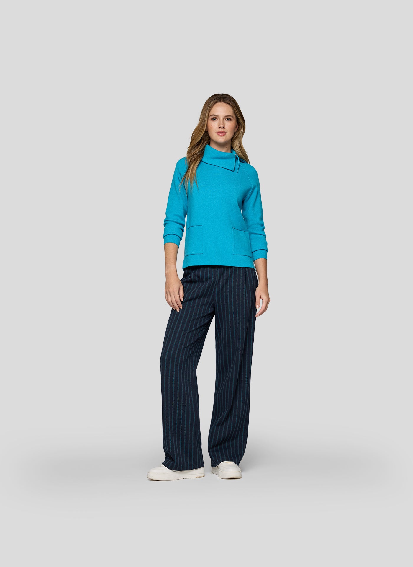 Teal Jumper With Cowl Neck With Faux Pocket