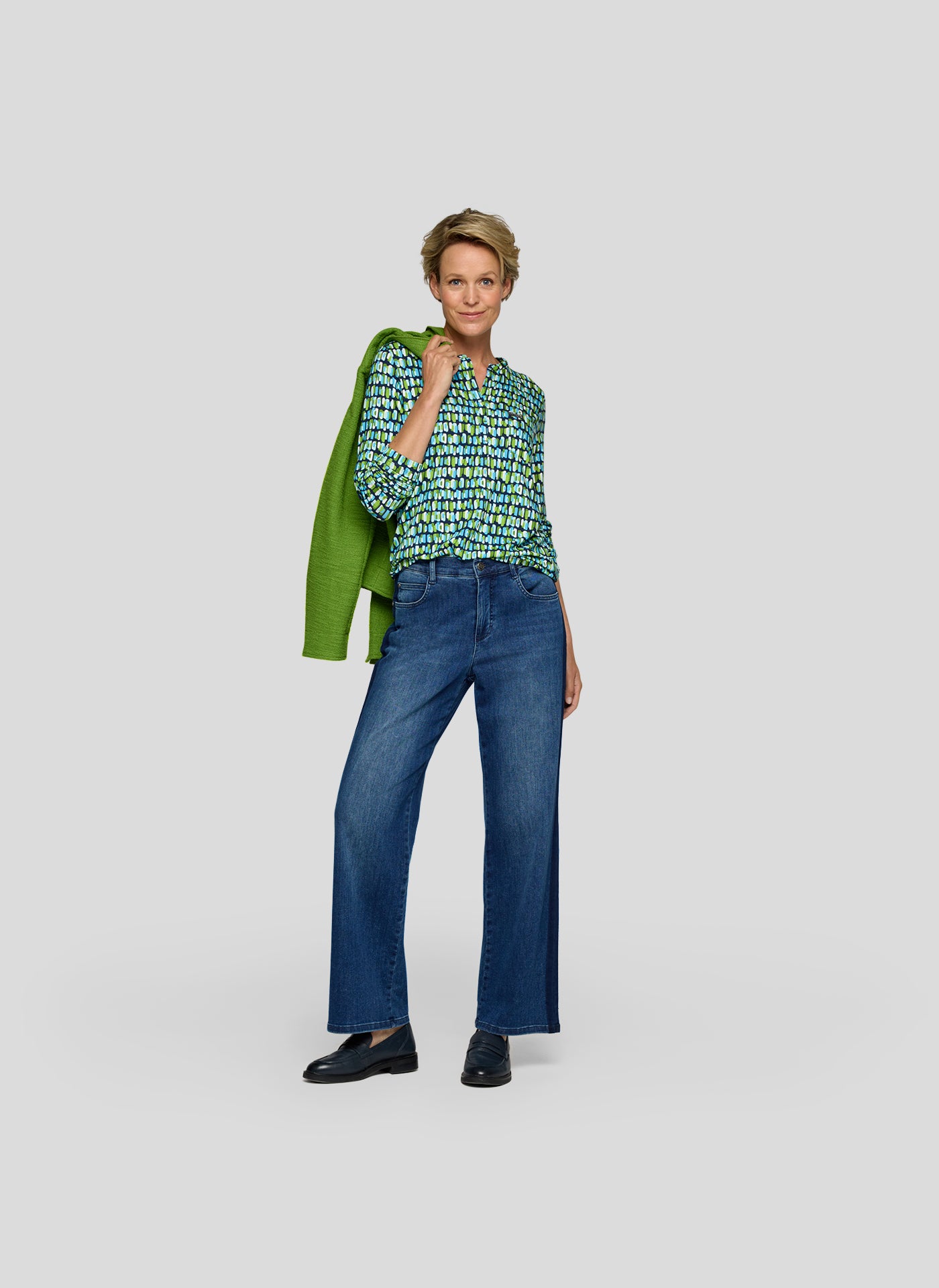 Green & Blue Patterned V Neck Top