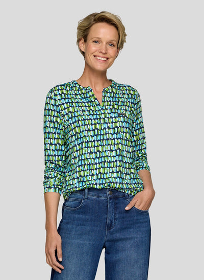 Green & Blue Patterned V Neck Top