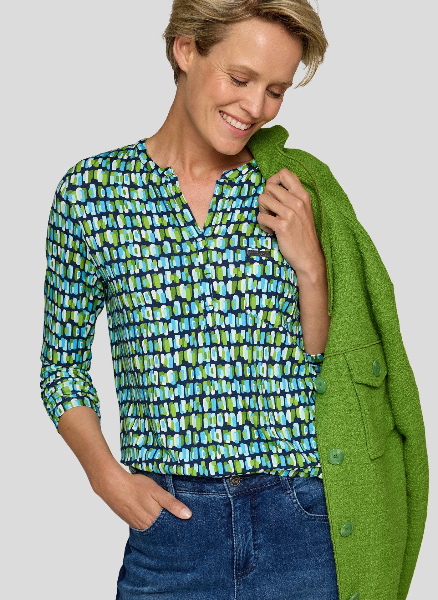 Green & Blue Patterned V Neck Top