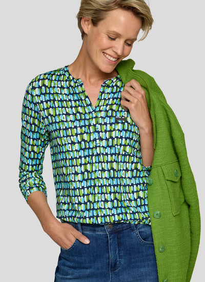 Green & Blue Patterned V Neck Top