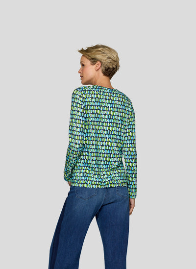 Green & Blue Patterned V Neck Top