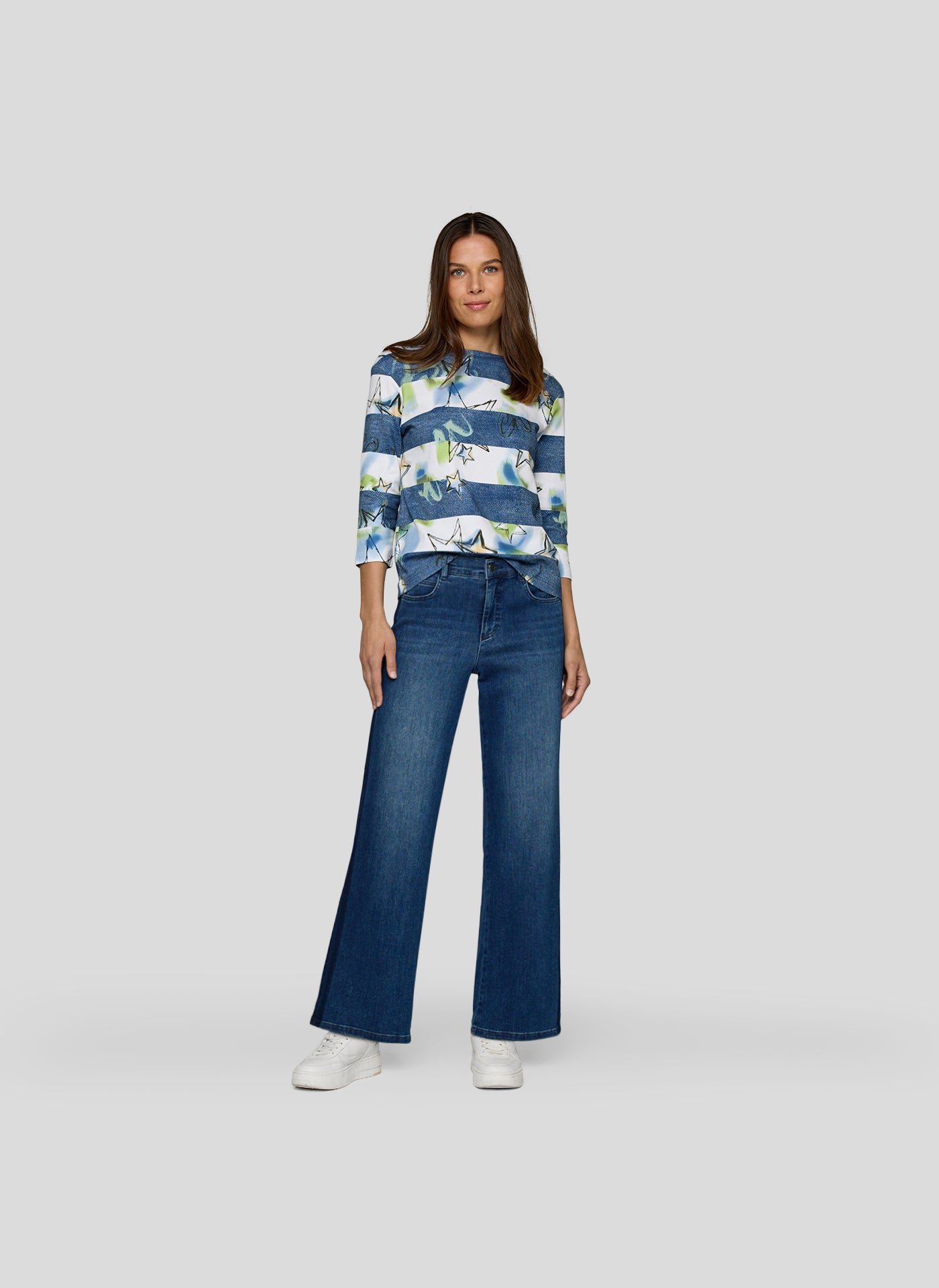 Denim Effect Striped Top with Star Detail