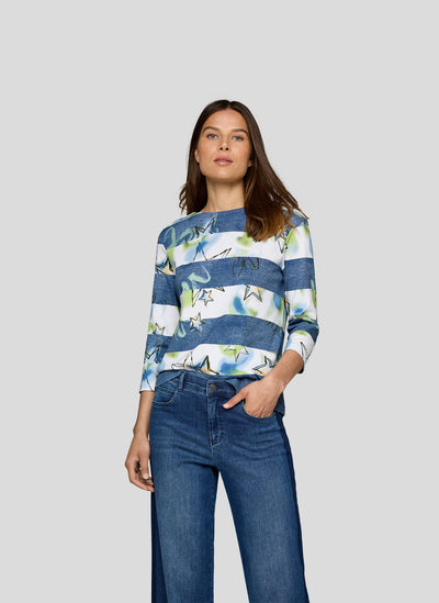 Denim Effect Striped Top with Star Detail