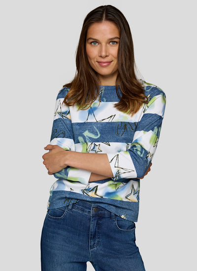 Denim Effect Striped Top with Star Detail