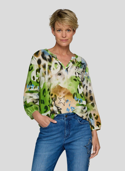 'Whispering Safari' Blouse with Grandfather Collar