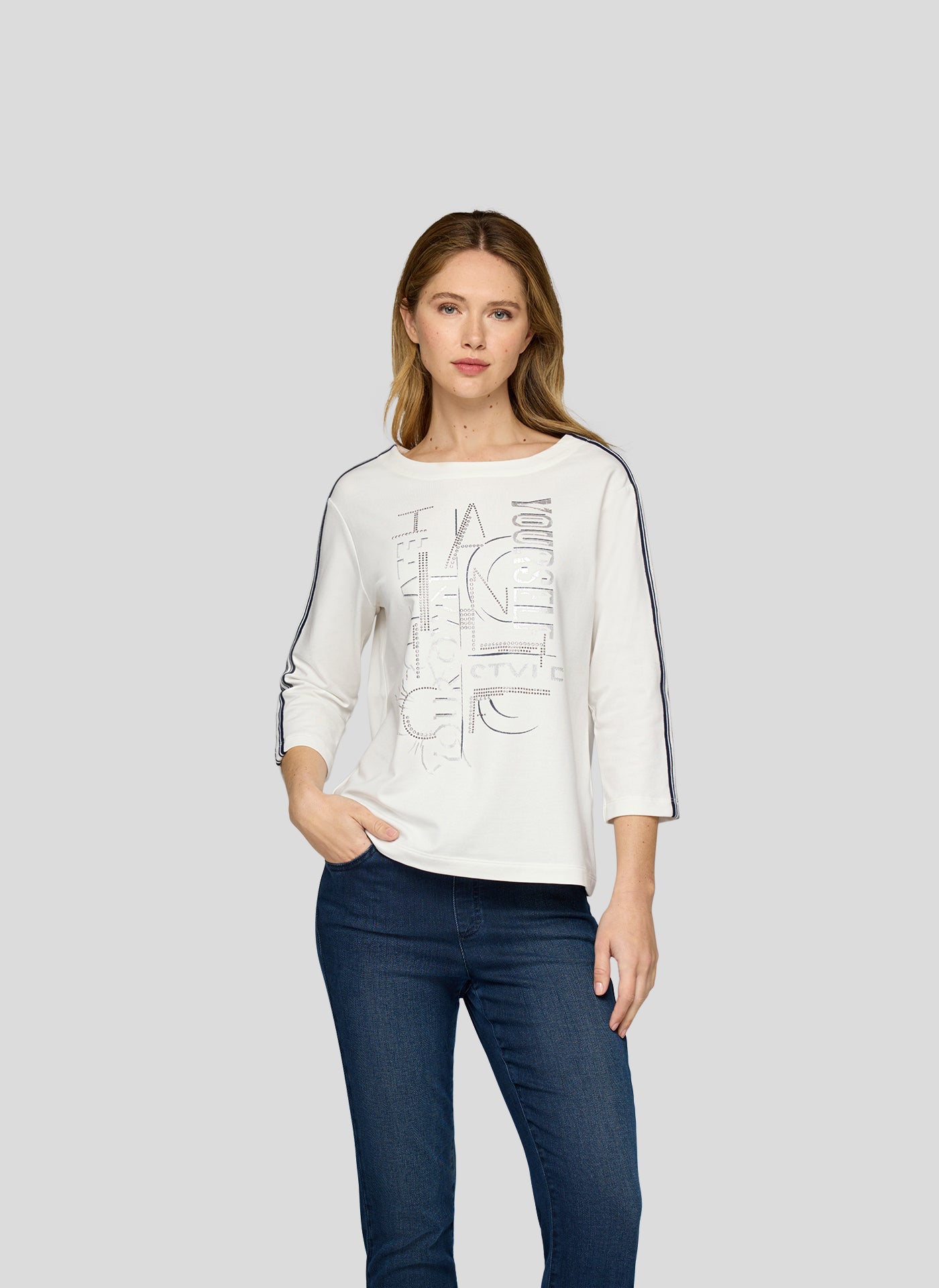 Cream Embellished Jumper With Navy Stripe Detail