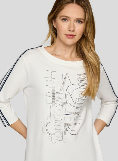 Cream Embellished Jumper With Navy Stripe Detail