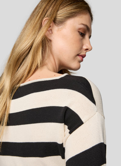 Black and Cream Graphic Print Striped Top