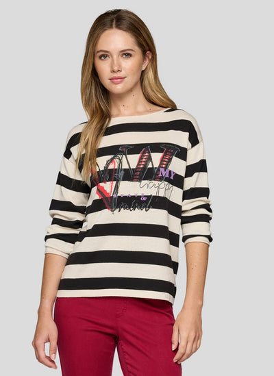 Black and Cream Graphic Print Striped Top