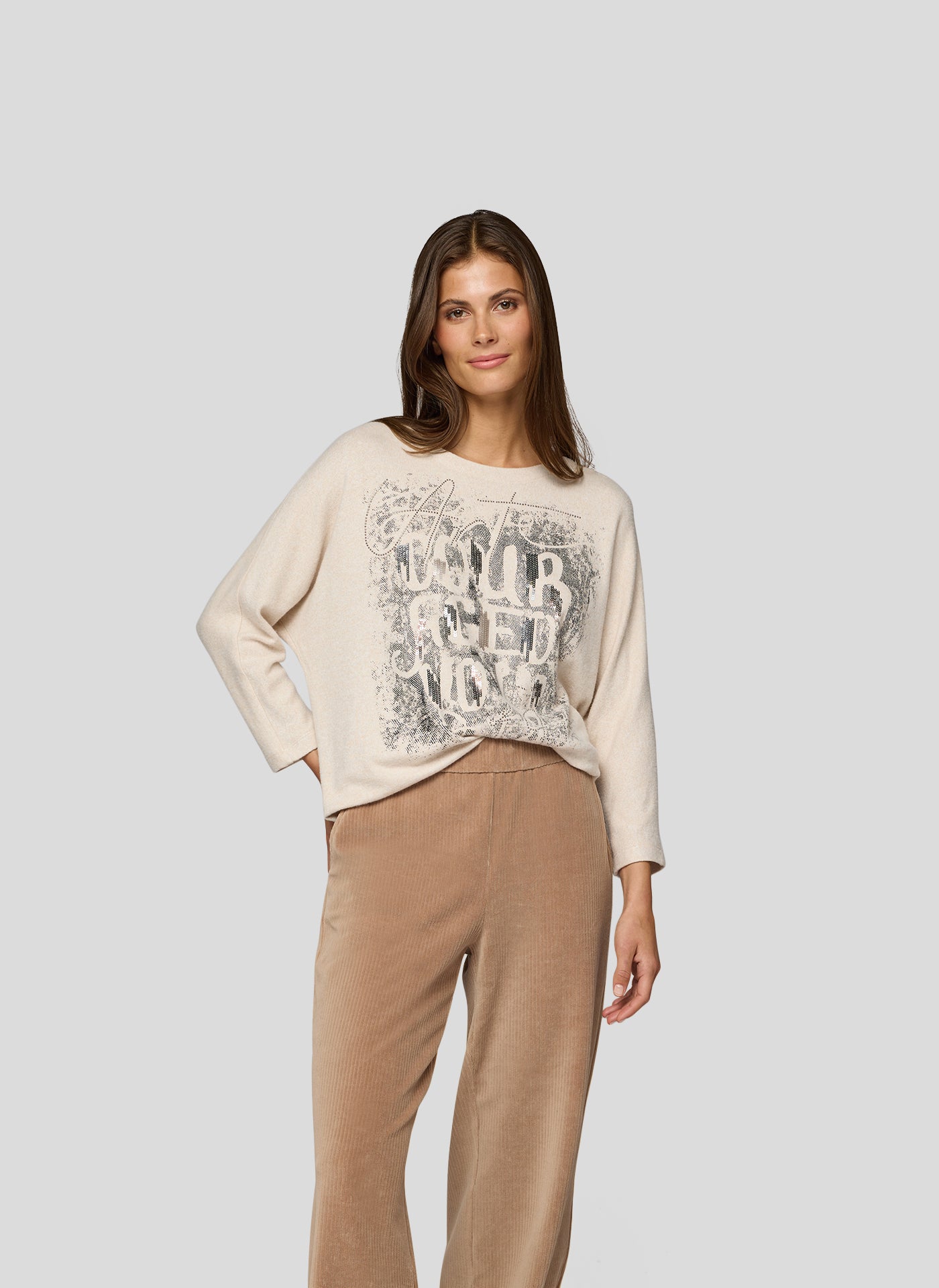 Beige Graphic Print Top with Sequin Detail