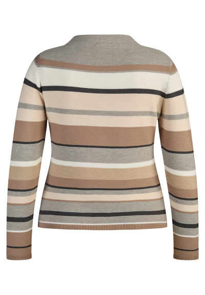 Beige and Brown Striped Round High Neck Jumper