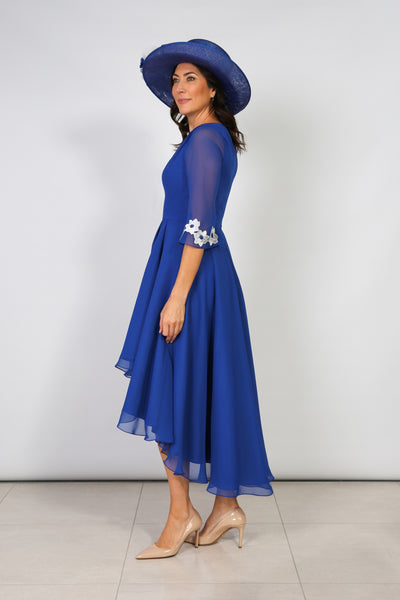 Royal Blue Dress 3/4 Mesh Sleeve With Ivory Flowers And Wrap Skirt Detailing