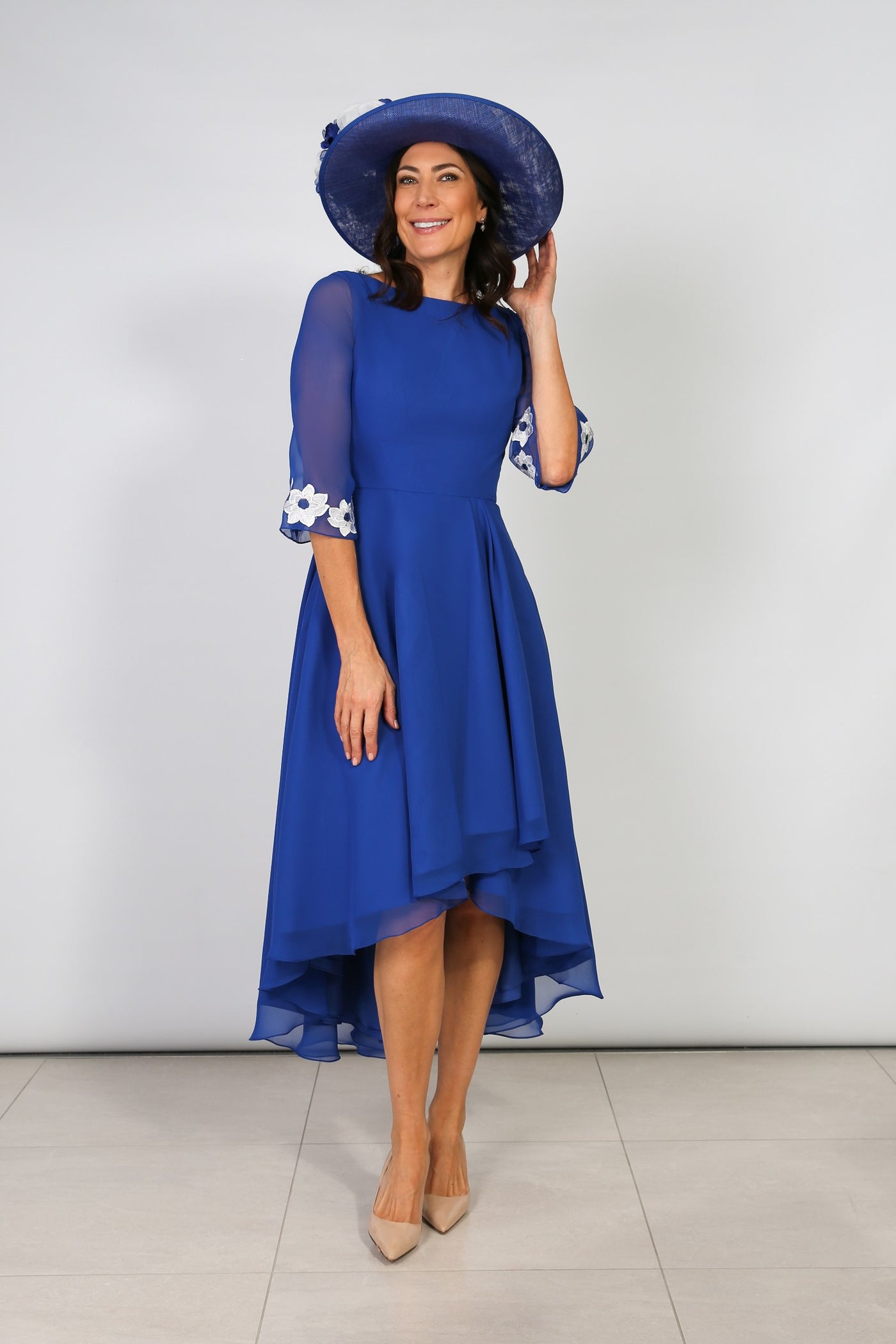 Royal Blue Dress 3/4 Mesh Sleeve With Ivory Flowers And Wrap Skirt Detailing