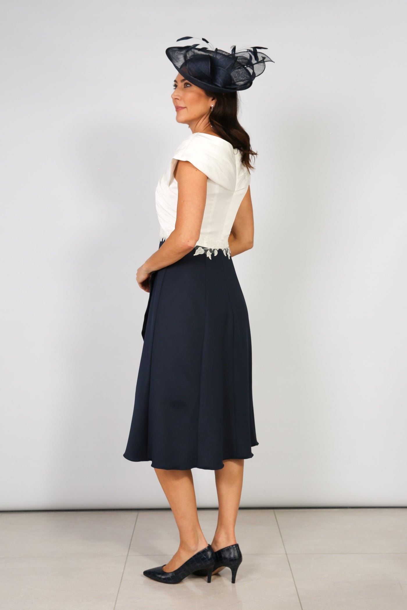 Navy & Ivory Colourblock Dress With Lace Waist Detail