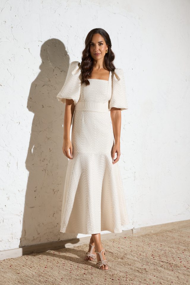 Off White and Gold Dress with Puffed Sleeves – La Creme Boutique