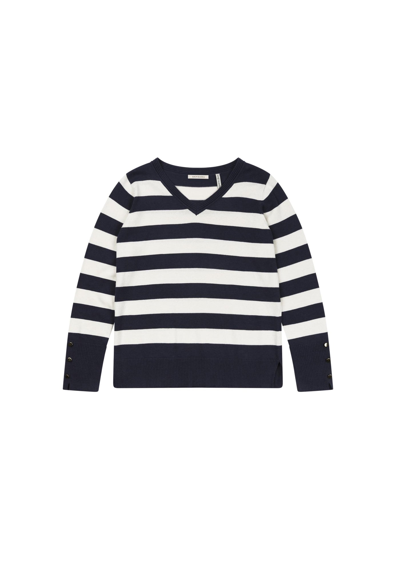 Navy and Cream Striped V-Neck Jumper with Gold Button Detail