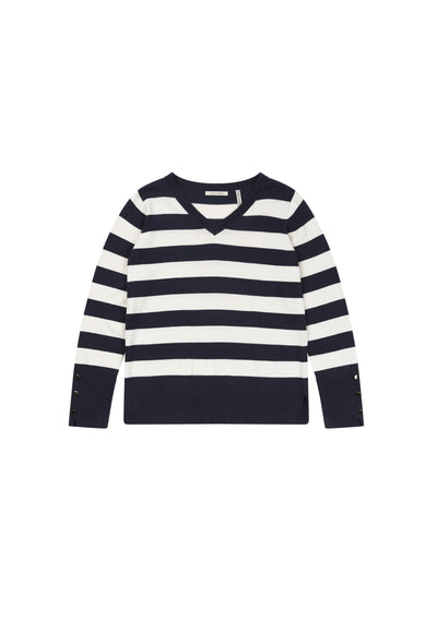 Navy and Cream Striped V-Neck Jumper with Gold Button Detail