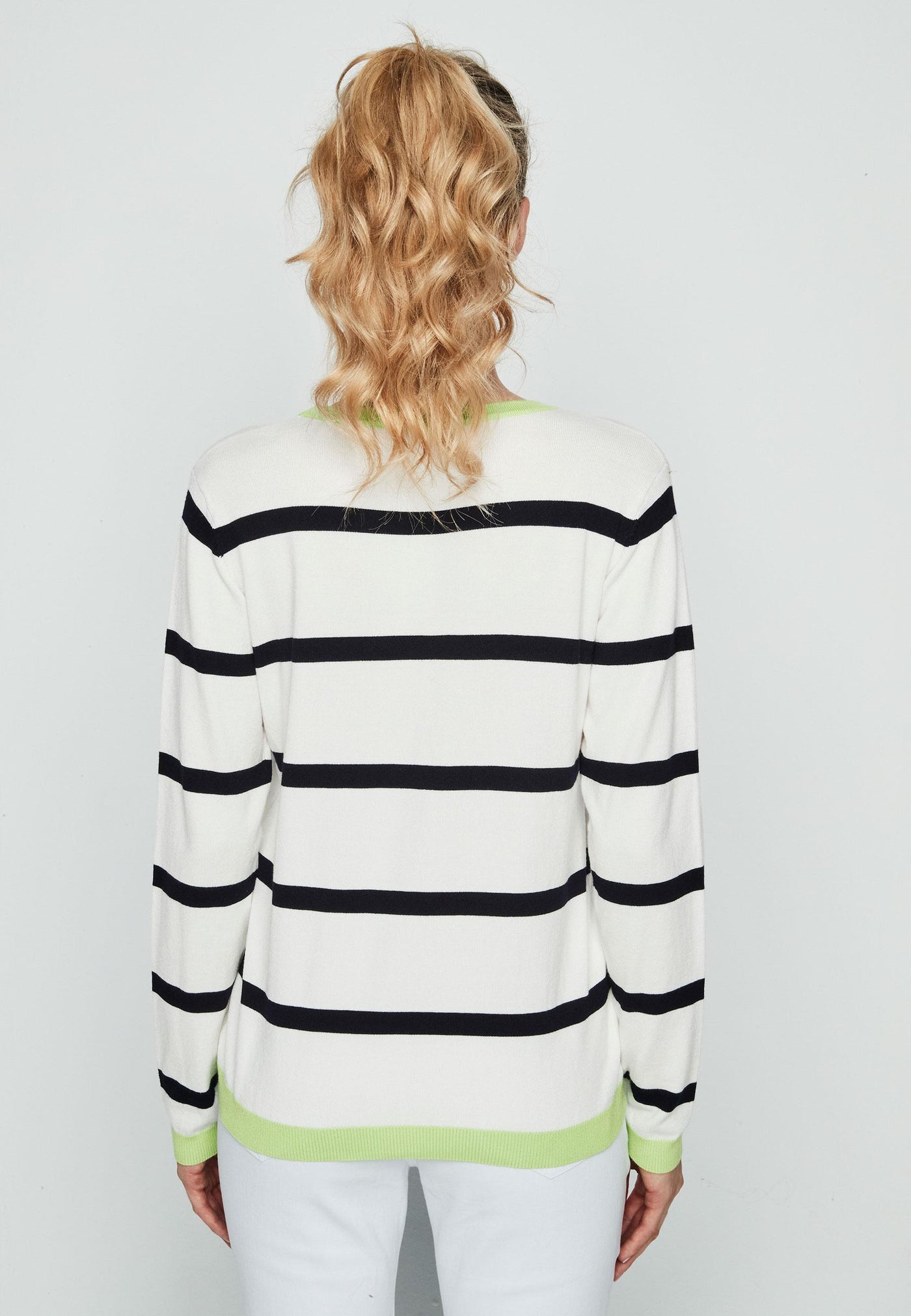 Black and White Striped Round Jumper with Lime Green Detail
