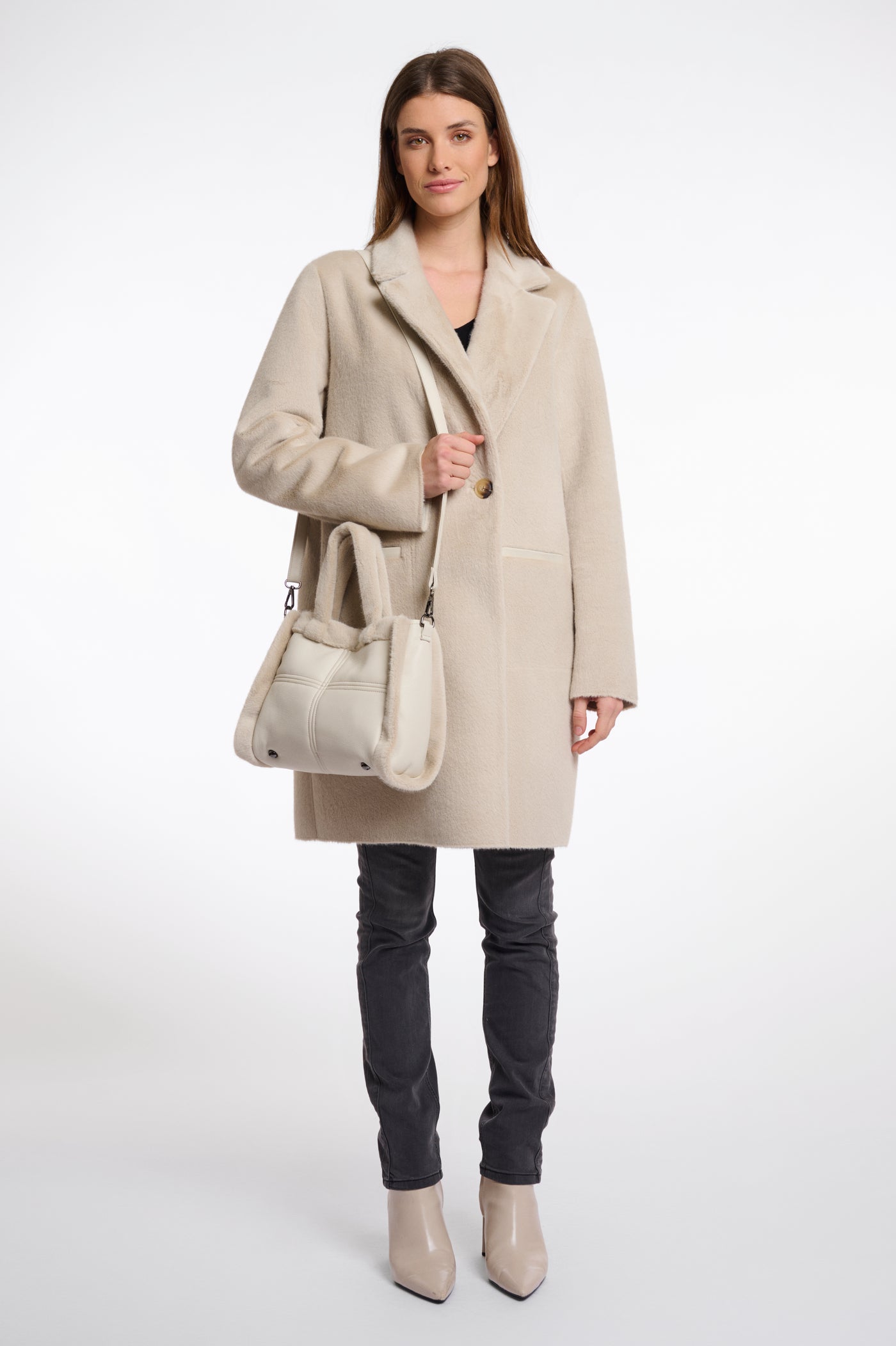 Jasha Birch Handbag With Faux Fur and Long Strap