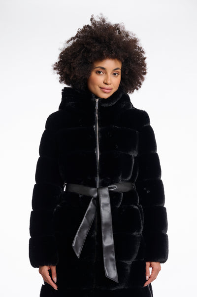 Black Bridget Faux Fur Jacket with Leather Belt Detail