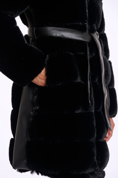 Black Bridget Faux Fur Jacket with Leather Belt Detail