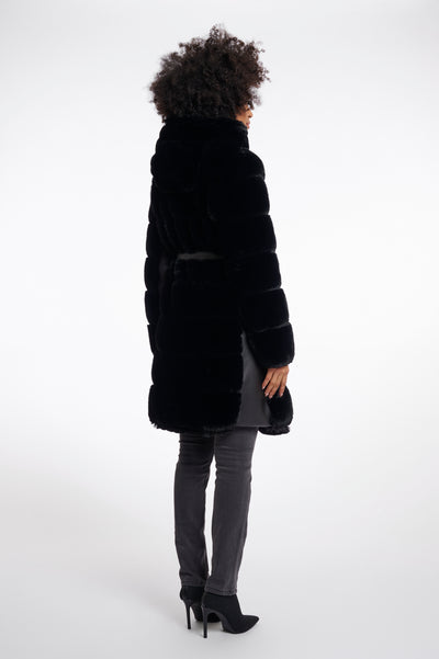 Black Bridget Faux Fur Jacket with Leather Belt Detail