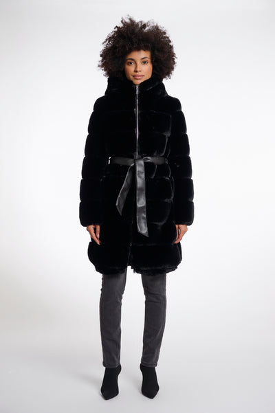 Black Bridget Faux Fur Jacket with Leather Belt Detail