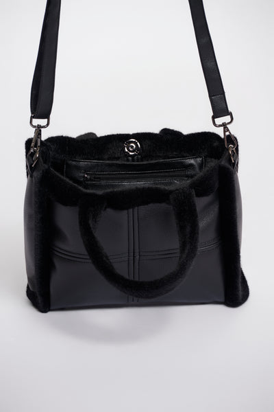Jasha Black Handbag With Faux Fur and Long Strap