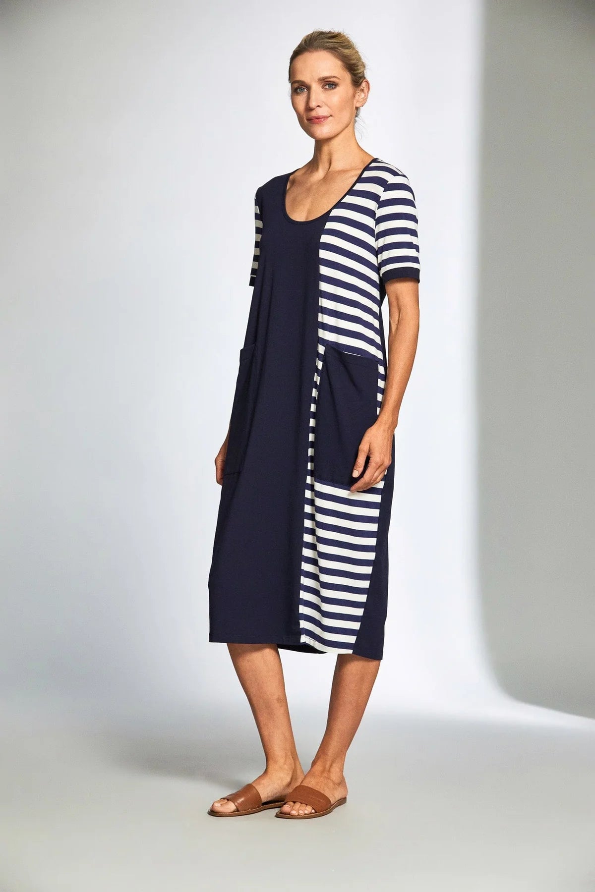 Navy/White Stripe Panel Short Sleeve Dress