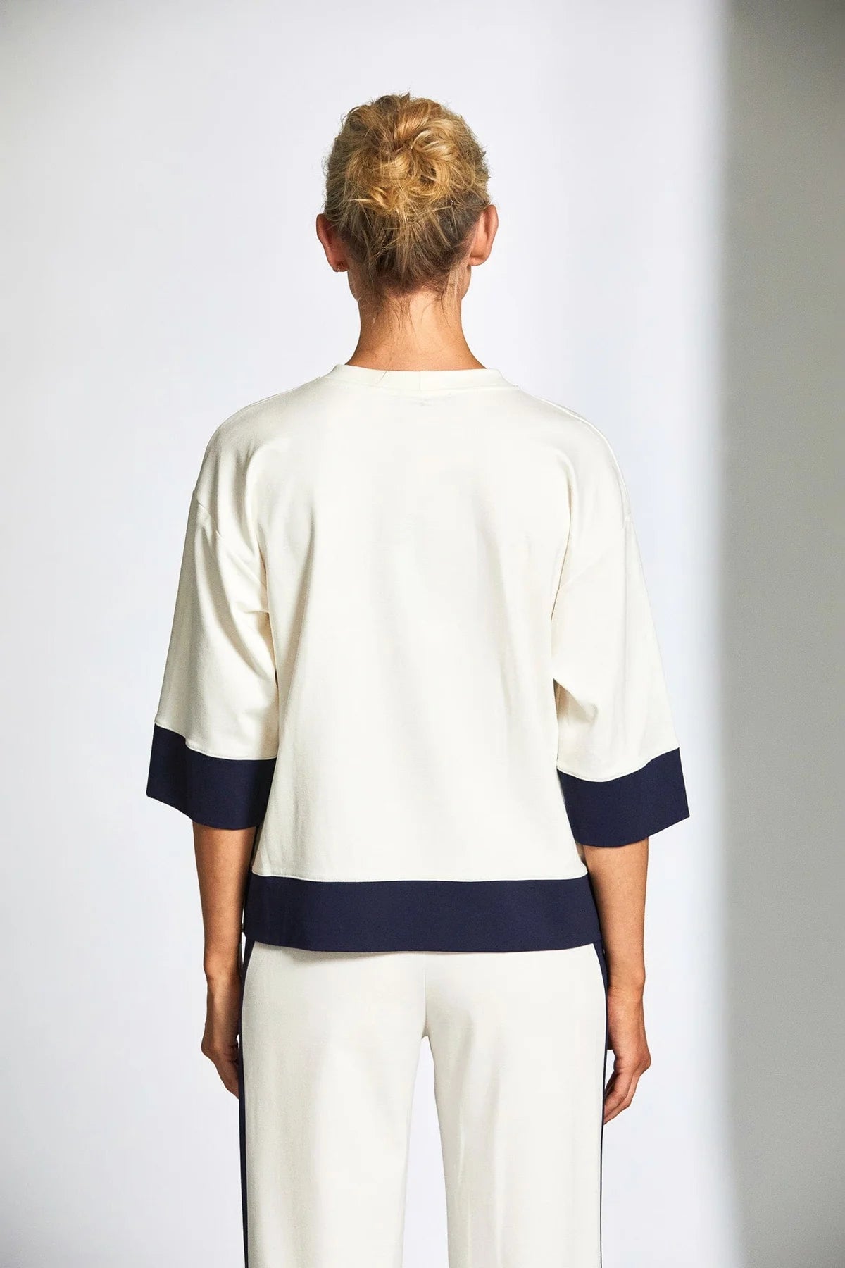 Ecru T-Shirt with Zip Detail and Navy trim