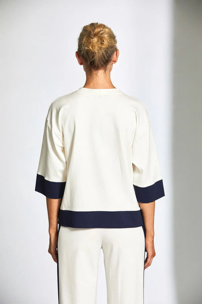 Ecru T-Shirt with Zip Detail and Navy trim