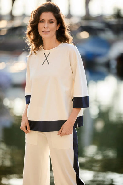 Ecru T-Shirt with Zip Detail and Navy trim