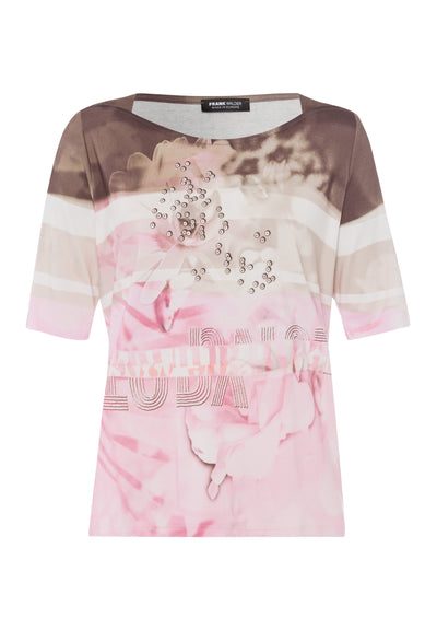 Taupe, Beige & Pink Round Neck Top with Graphic Print