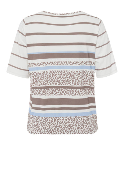 Cream Round Neck Short Sleeve Top With Blue & Brown Strips & Leopard Print Detailing