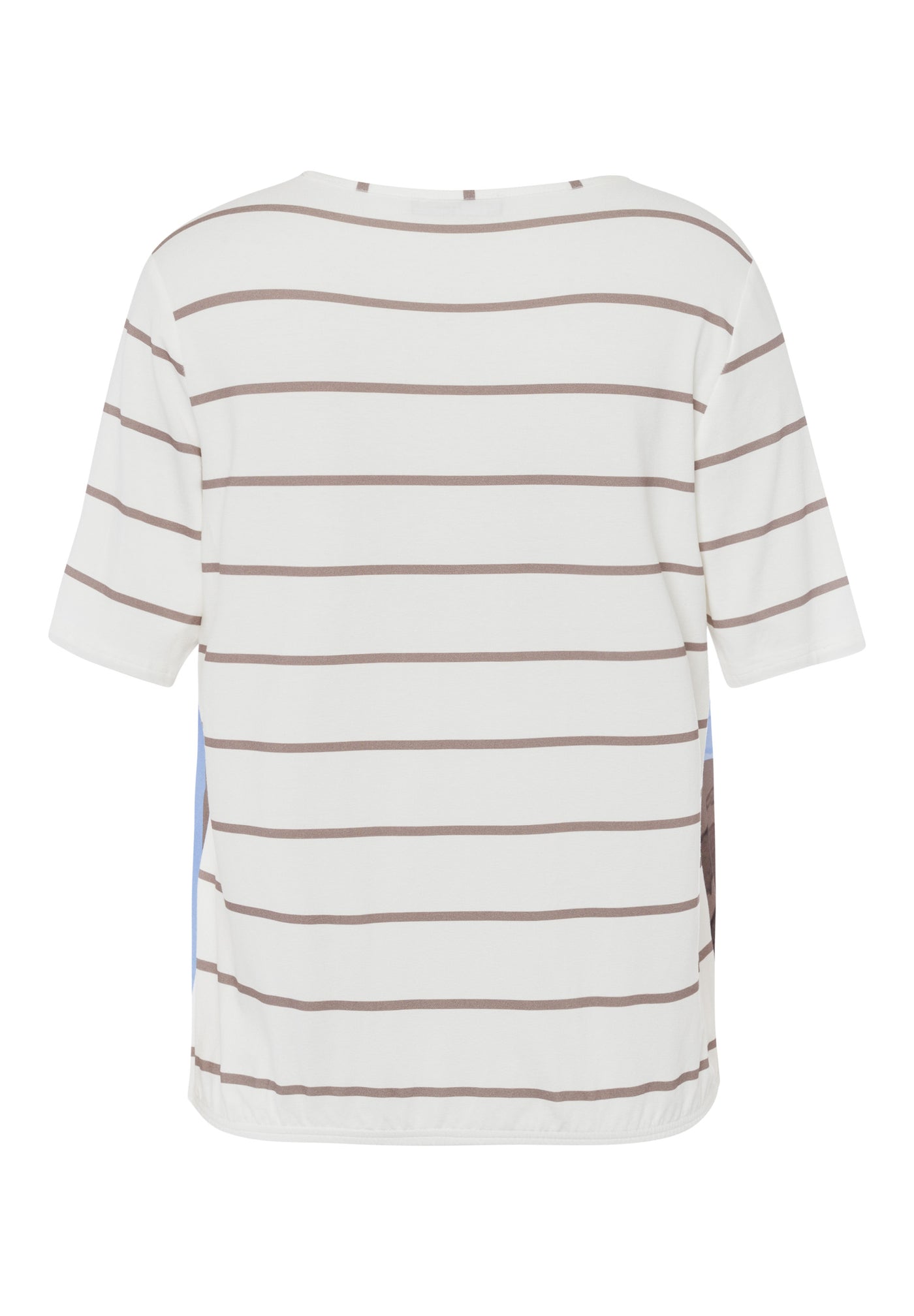 Cream Round Neck Top With Stripped Short Sleeves Blue & Brown Pattern & Elasicated Waist Detailing