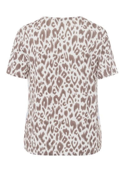 Cream Round Neck Top With V Cut-Out & Blue & Brown Pattern Detailing