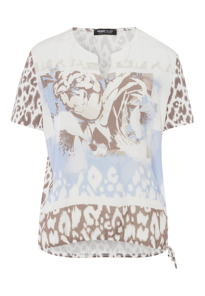 Cream Round Neck Top With V Cut-Out & Blue & Brown Pattern Detailing
