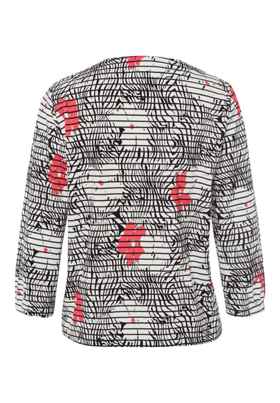 Black and White Abstract Print Zipped Jacket with 3/4 Sleeve and Pockets