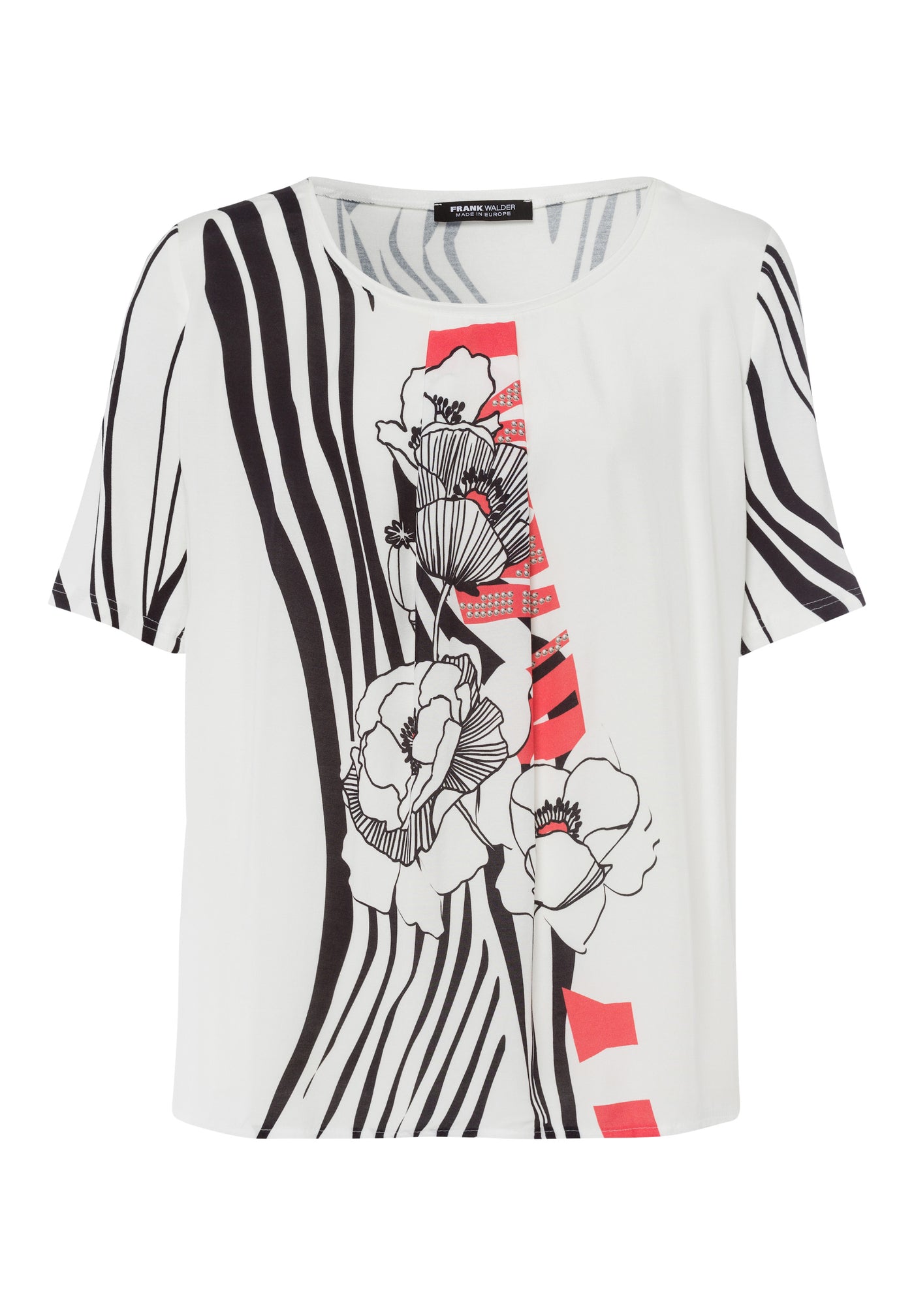 Black And Cream Stripe Top with Coral Flower and Front Pleat