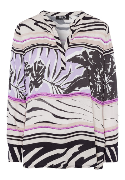 Beige/Purple/Black Multi Print Mini V Neck Top