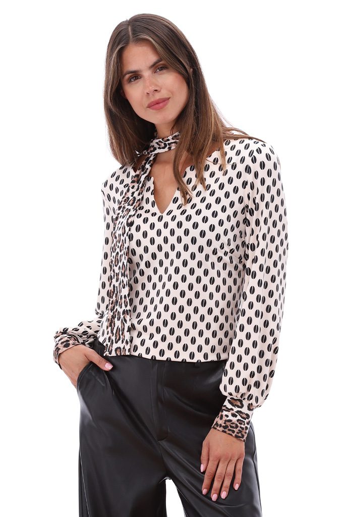 V-Neck Top With Leopard Print Cuff & Leopard Print Scarf
