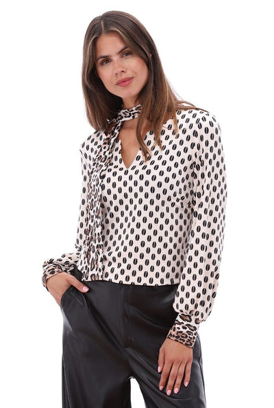 V-Neck Top With Leopard Print Cuff & Leopard Print Scarf