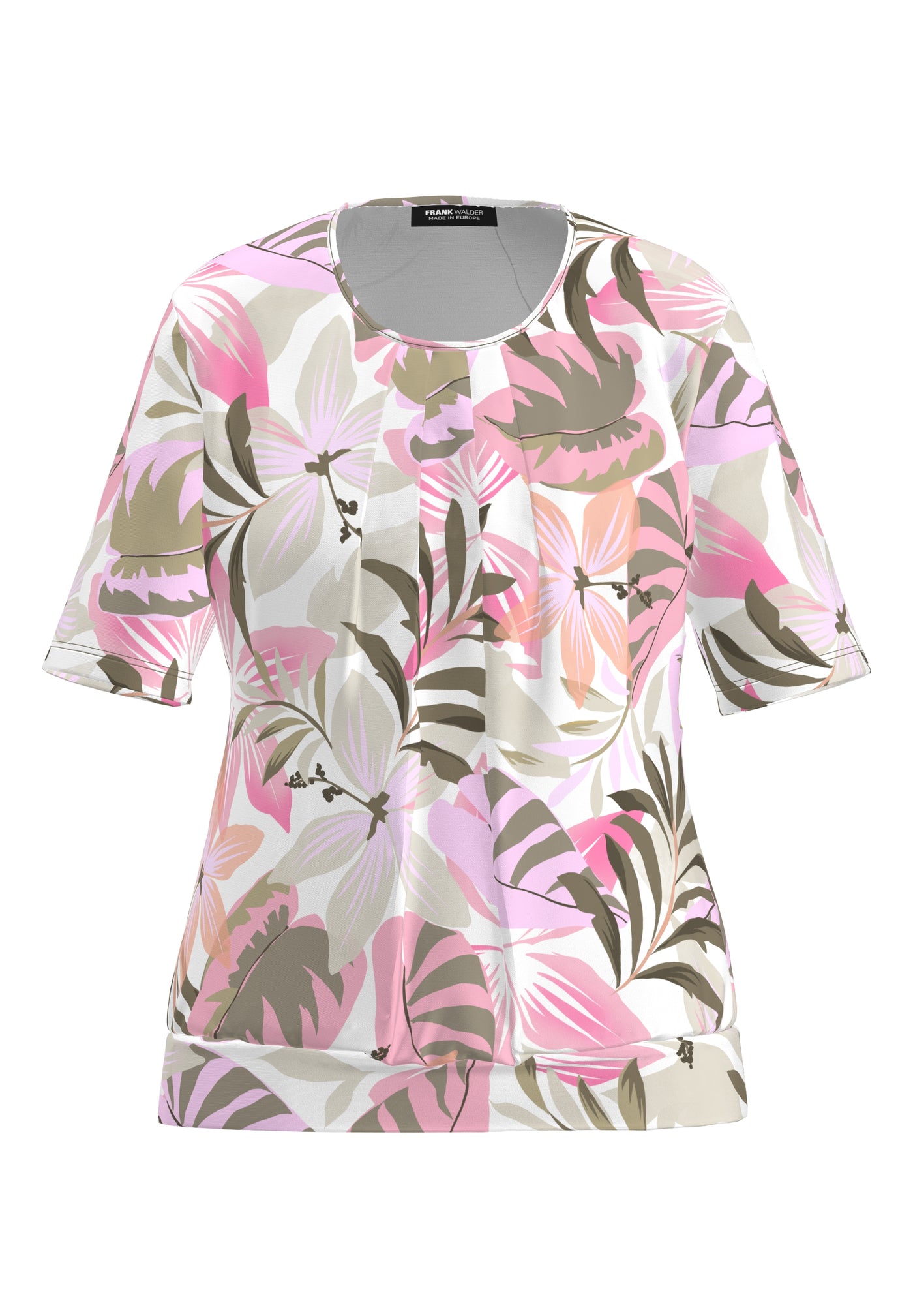Cream Round Neck Top with Pastel Floral Pattern & Pleated Front