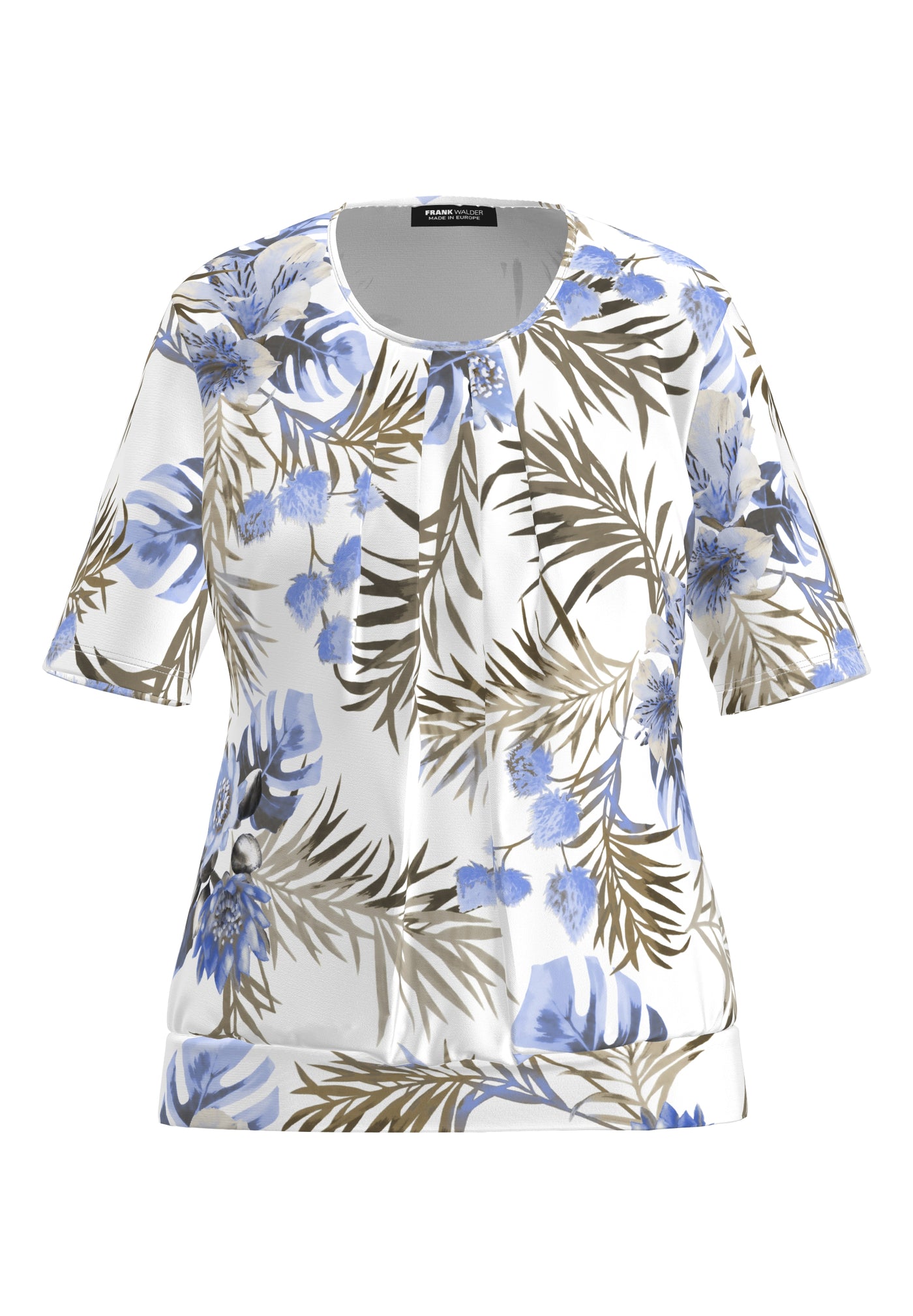 Pale Blue Brown & White Round Neck Top with Pleated Front