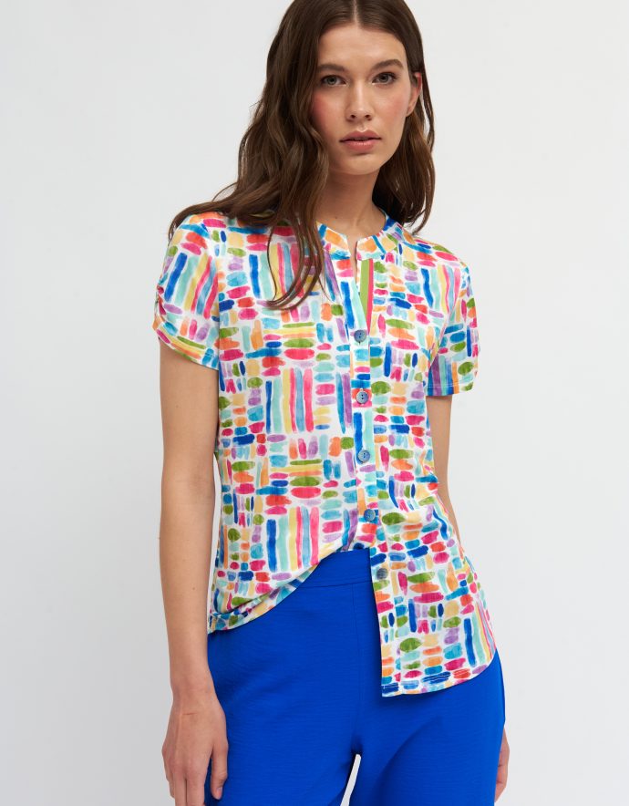 Multicolour Brushstroke Print 'Saura' Blouse with Grandfather Collar